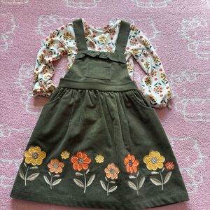 Blueberi Boulevard Green Corduroy Dress with Floral Print
